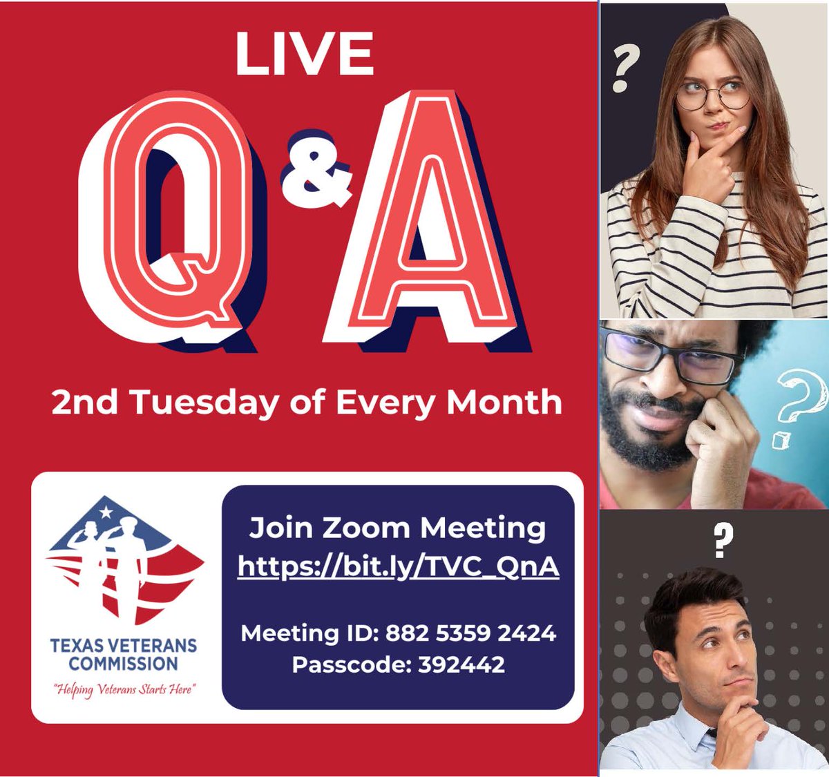 TVC Q&A is next Tuesday, May 14 starting at noon. To attend visit: bit.ly/TVCQandA Bring your questions about benefits & services. TVC helps #TexasVeterans with: VA Claims and Healthcare Education Benefits Jobs Connect with Other Veterans tvc.texas.gov