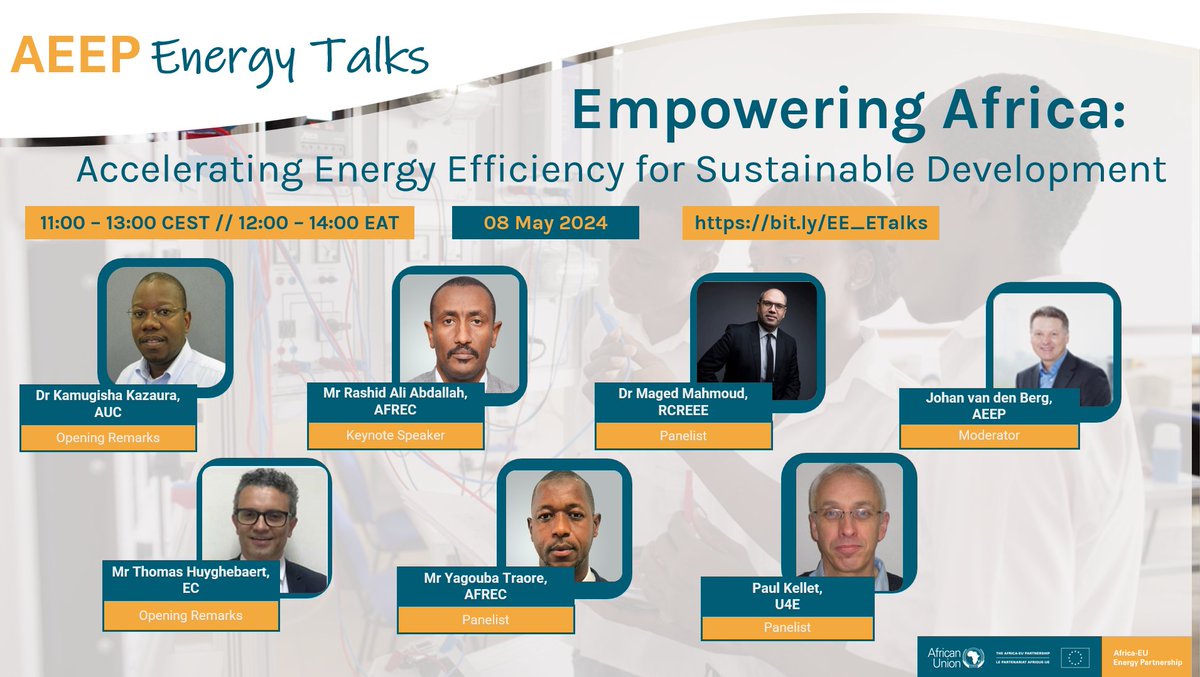 🌍 Join us TOMORROW for the #AEEPEnergyTalks: Empowering Africa: Accelerating Energy Efficiency for Sustainable Development🌱 Energy efficiency is the first fuel, vital for reducing demand, enhancing security, and mitigating volatility 🛠️ Register now👉 africa-eu-energy-partnership.org/energyefficien…