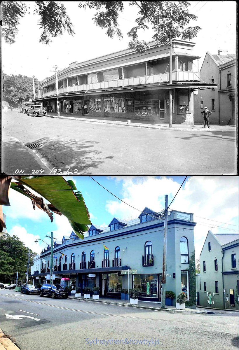 1922 - 2024 Paddington. Large building full of shops then and now on Glenmore Road looking toward Oxford Street. The Villiage Inn pub is close by. The tree leaves have been replaced by a palm leaf and the autos have changed somewhat. Images @statelibrarynsw / K.Sundgren.
