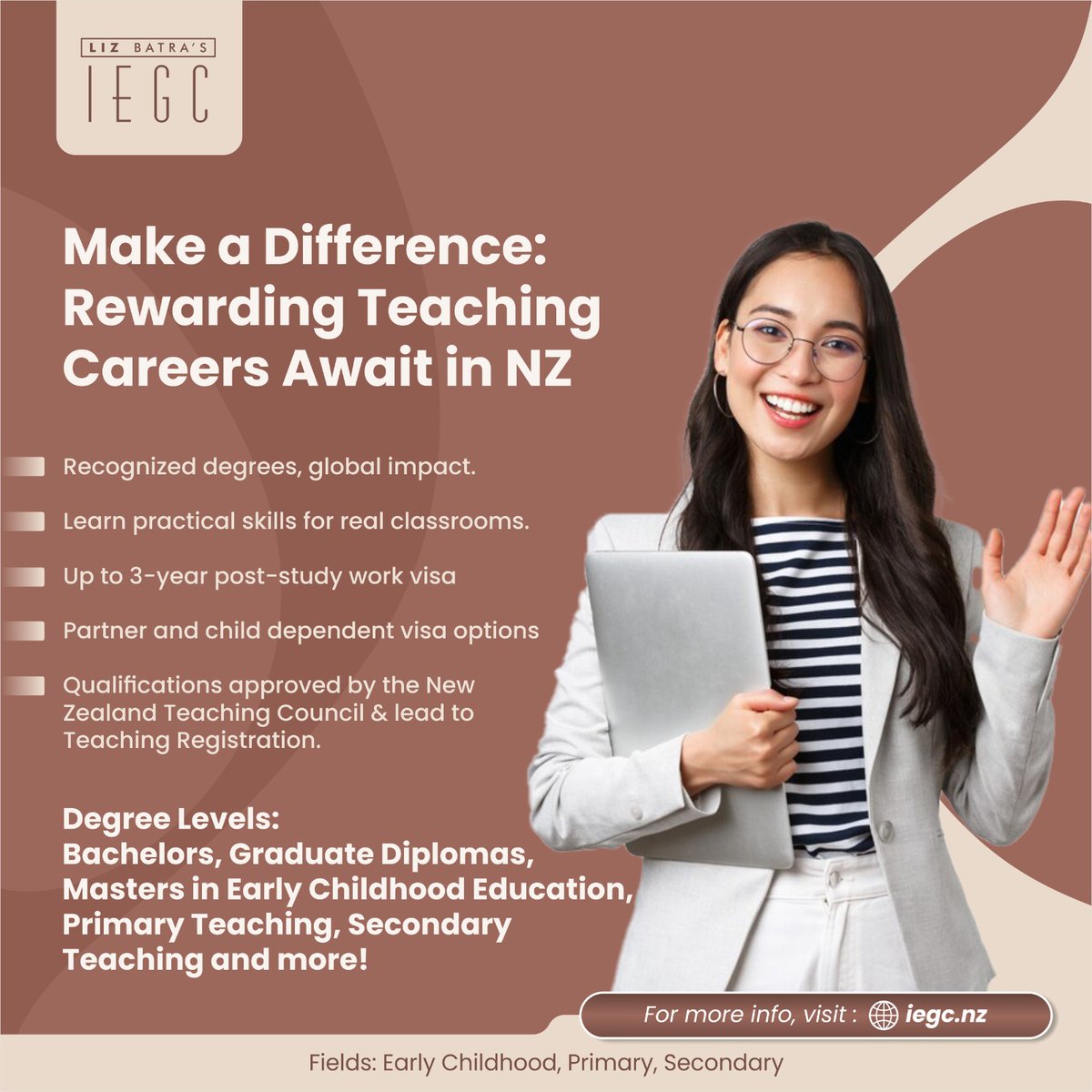 Inspire young minds and make a difference with a rewarding teaching career in New Zealand!

Take the first step towards shaping the future today. Kick-start your meaningful teaching journey in New Zealand.

#lizbatraiegc #educationconsultant #internationalstudent