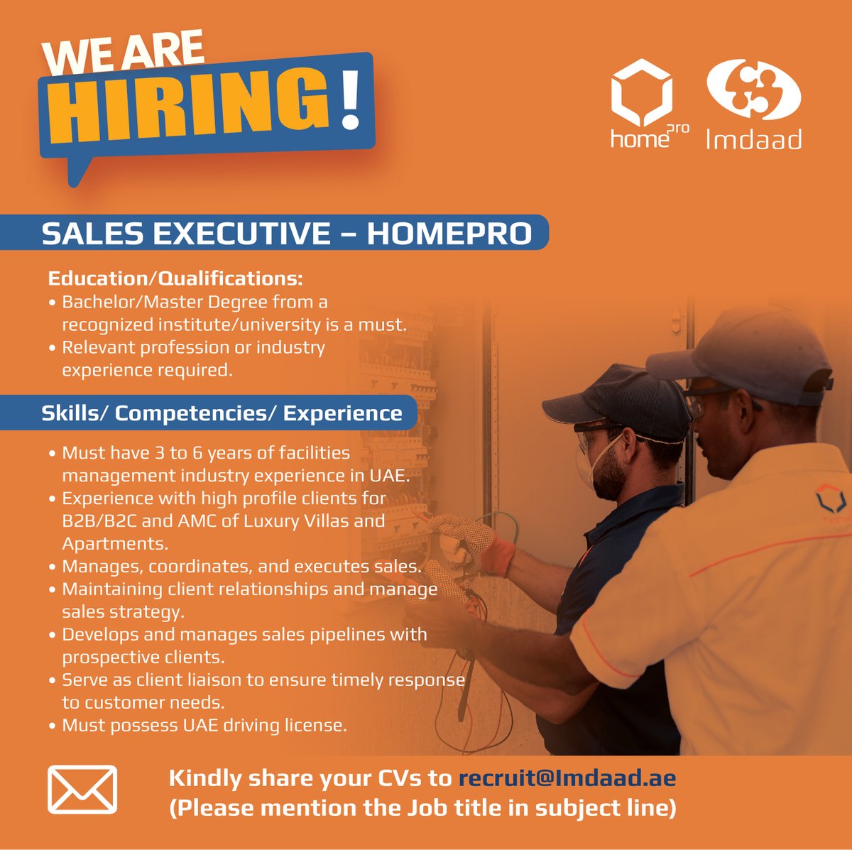 We’re #hiring!

Position:
Sales Executive- HomePro
Please mention the job title in the subject line.

#jobs #vacancies #softfm #facilitiesmanagement #ImdaadGroup #HomePro