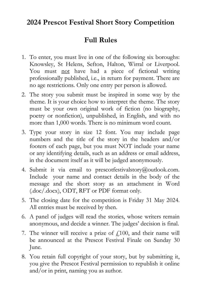 Not long to go now until the deadline for the 2024 Short Story Competition as part of the 20th Annual Prescot Festival! Do continue to submit your 1,000-word stories on a theme of 'What a Score' to prescotfestivalstory@outlook.com before 31st May!