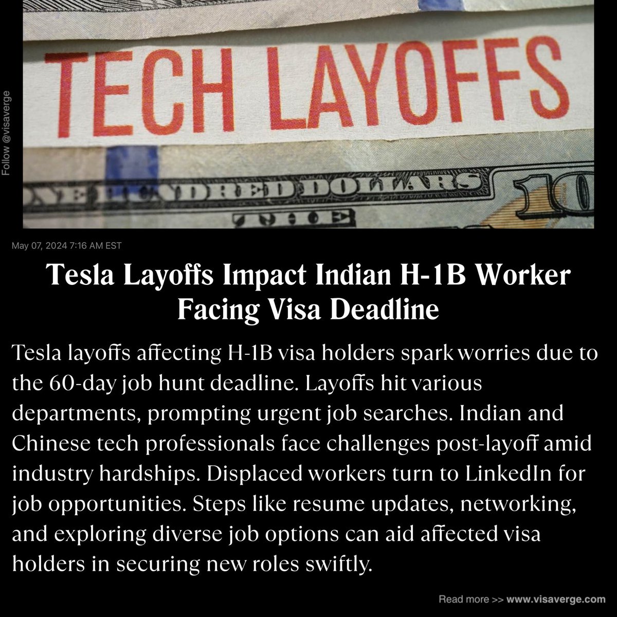 🚨 Indian engineer from Mumbai laid off by Tesla faces H-1B visa deadline 😢 Struggling to find new job within 60-day limit 📆 Let's support those impacted by layoffs! #H1BVisa #TeslaLayoffs #VisaVerge @visaverge 🌐