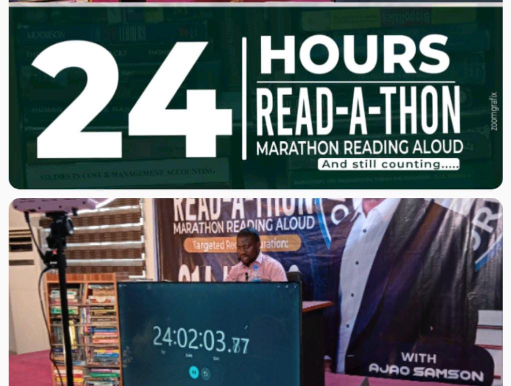 24hrs gone. @ajao_impeccable you can do it. Well-done

READ-A-THON

#readathon2024 #samsonajao #guinessworldrecord #readathon #Impeccable