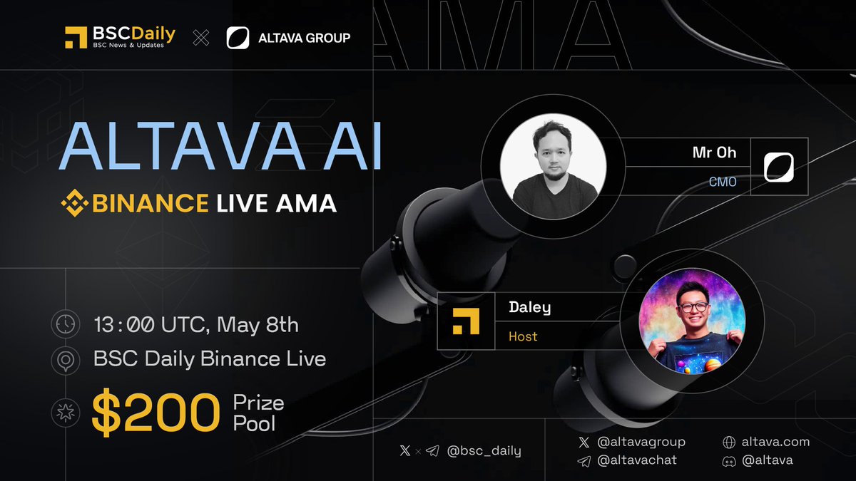 We're excited to host a #BinanceLive AMA with 
@altavagroup

🔸Topic: Fashion Meets AI 

🗓 May 8th, 13:00 UTC

📍 Venue: binance.com/en/live/video?…

💰$200 #Giveaways ⬇️

1️⃣ Follow @altavagroup
2️⃣ Ask questions!
3️⃣ Like & RT

#Sponsored