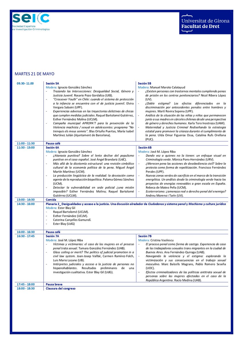 Programa definitivo del Congreso “Desigualdades, criminología y política criminal”, que se celebrará en la Facultat de Dret el 20 y 21 de mayo. ¡Os esperamos!