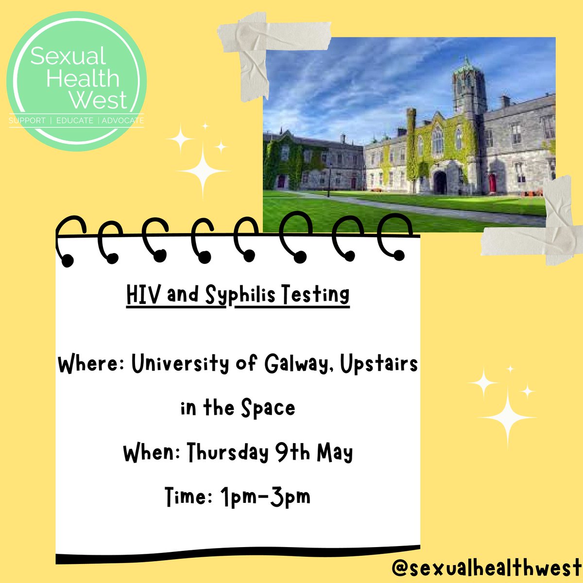 Free rapid HIV and Syphilis Testing 1pm-3pm TOMORROW Thursday 9th of May in the Space upstairs in Áras na Mac Léinn with Sexual Health West No appointment needed #DoChomhaltas #GetTested