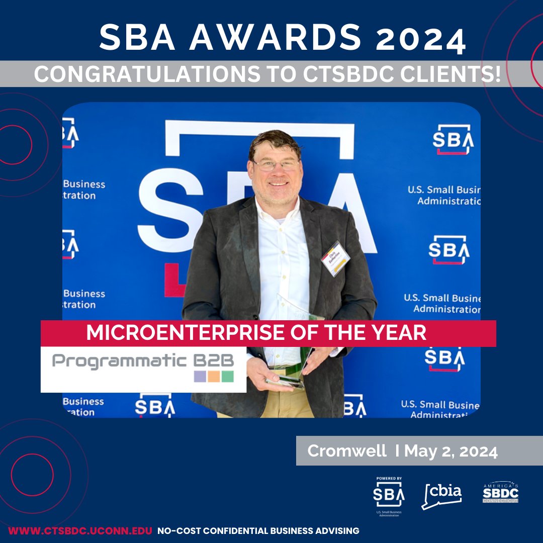 Congratulations to @CTSBDC  clients honored during National Small Business Week 2024! 

Microenterprise Business of the Year:  @ProgrammaticB2B

Special thanks to  @CTSBDC Business Advisor Mary Kay Della Camera 

Thank you @SBA_Connecticut @CBIANews

#CTSBDC #SBAAwards #NSBW