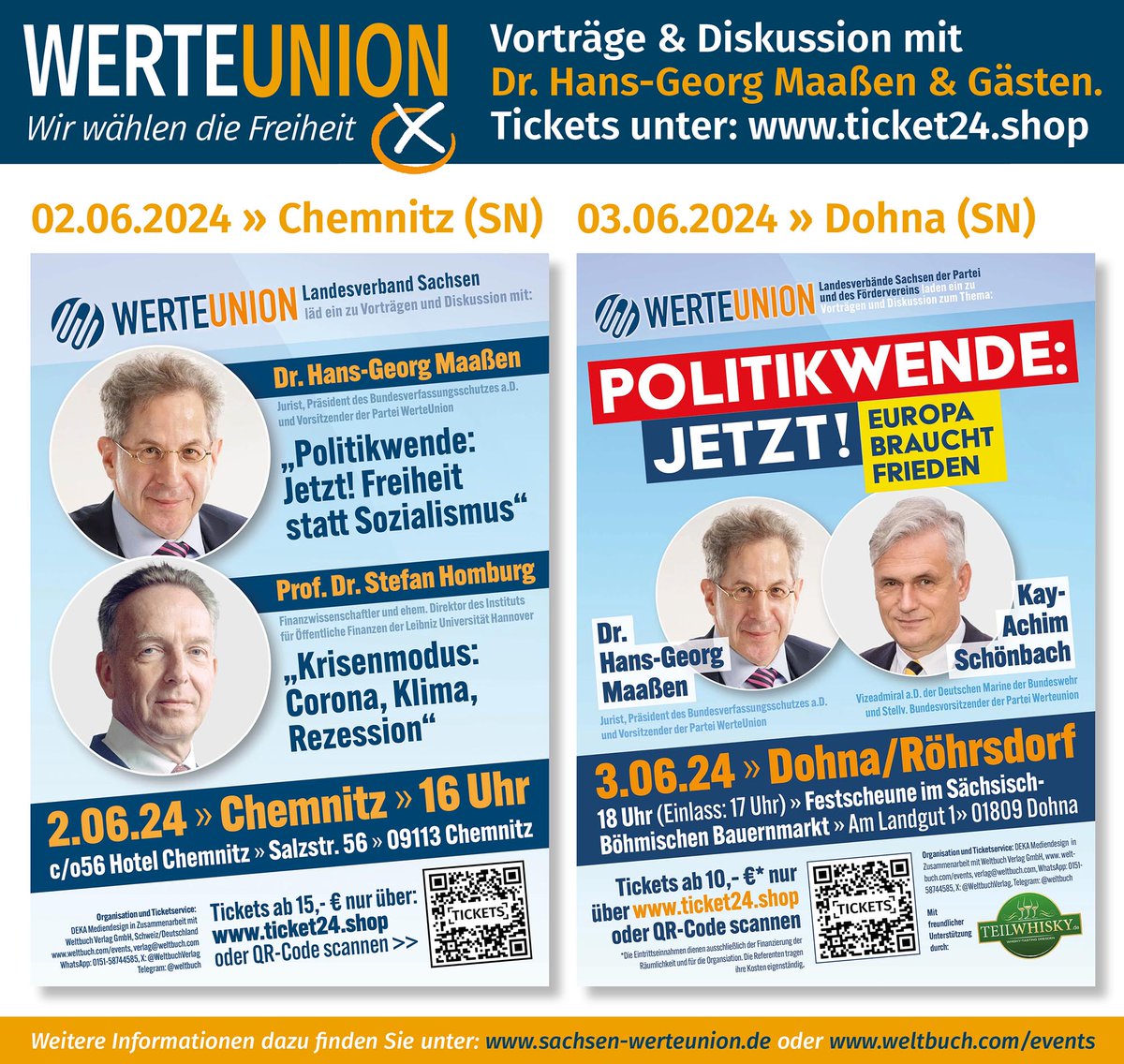 Freiheit, Aufarbeitung, Europa und Frieden: Themen die die Menschen bewegt. Jetzt zuhören und diskutieren am 2. Juni in Chemnitz und 3. Juni in Dohna/Röhrsdorf, mit @HGMaassen Dr. Hans-Georg Maaßen, @SHomburg Prof. Dr. Stefan Homburg und Kay-Achim Schönbach Jetzt Tickets