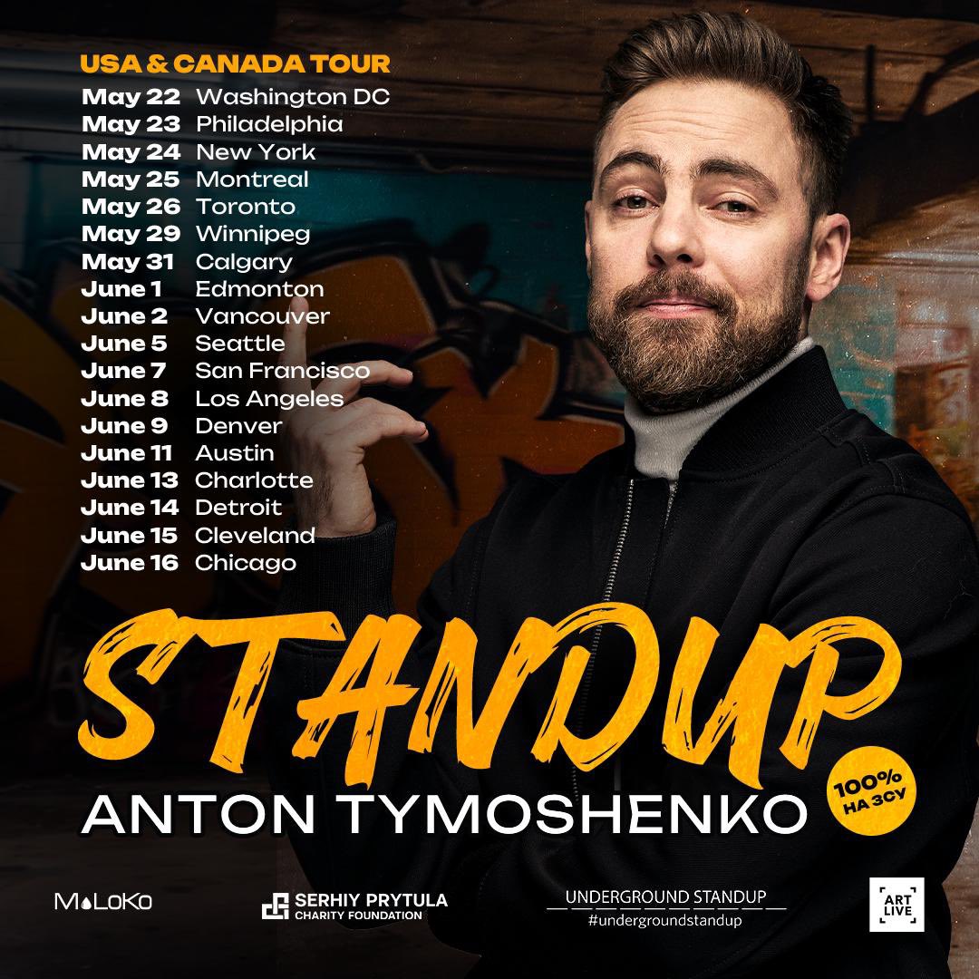 FOR THE FIRST TIME IN THE USA AND CANADA Solo Standup Show by Anton Tymoshenko! In May-June 2024, @_Tymoshenko will go on his first charity tour of North America. The tour is completely charitable - 100% of the profits will go to help the Ukrainian defenders. Find tickets here:…
