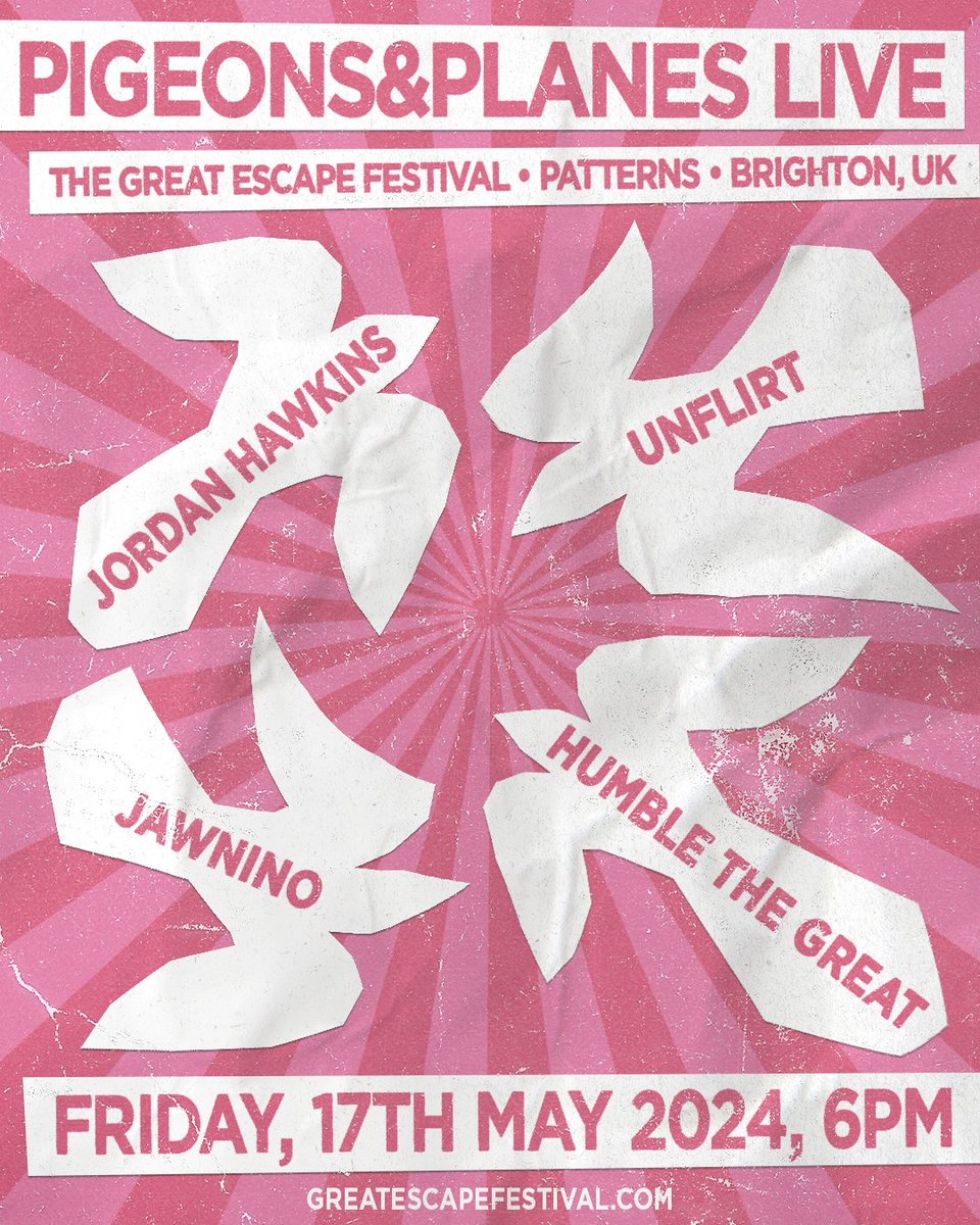 P&P is at The Great Escape festival in Brighton, UK with this lineup of exciting rising talent 🐦️🇬🇧 @imjordanhawkins Humble The Great @jawnino Unflirt @thegreatescape
