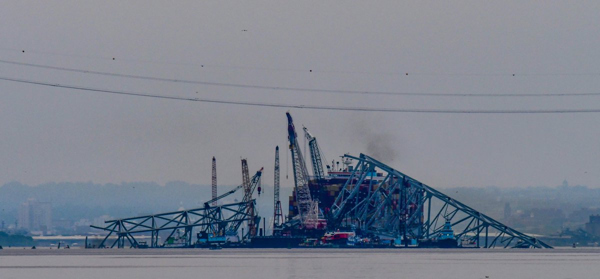 A lot of activity at the Francis Scott Key Bridge collapse site last night after a foggy day. #KeyBridge #KeyBridgeNews #Baltimore #Maryland