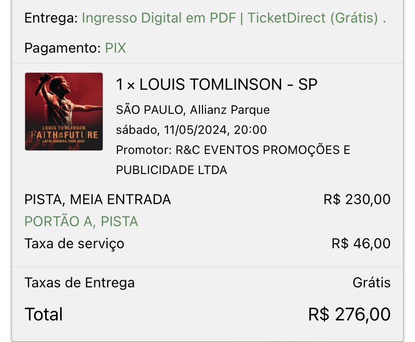 VENDO INGRESSO LOUIS TOMLINSON 

📍 São Paulo • 11/05/24
🎟️ pista comum
🎫 Ingresso MEIA
💰R$ 200 sem taxa
❗️ Motivo: vou de pp com minhas amigas 

• Comprovo tudo
• Posso transferir pessoalmente