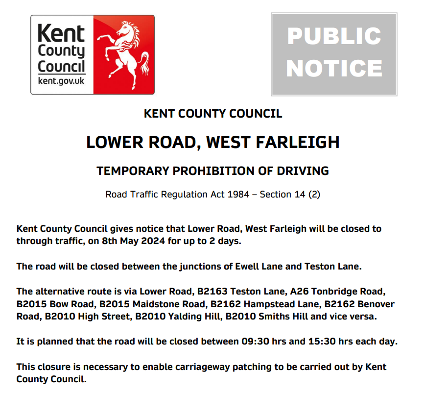 West Farleigh, B2010 Lower Road. Road closures on 8th & 9th May (09:30-15:30) between Teston Lane and Ewell Lane for carriageway patching works: moorl.uk/?cdscj8 #Kentpotholes