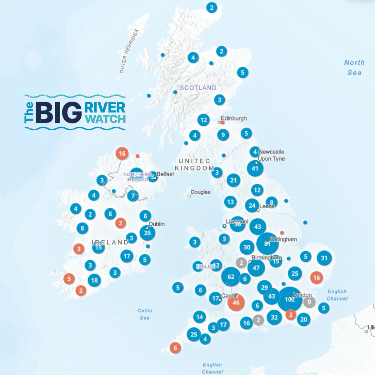 📷 Here's where our #BigRiverWatch-ers have surveyed so far. There's still time to help fill in the data map of NI & Ire. If you missed your chance this weekend, or you'd like to survey another stretch of river, do it before Thurs. Download our free app: theriverstrust.org/take-action/th…