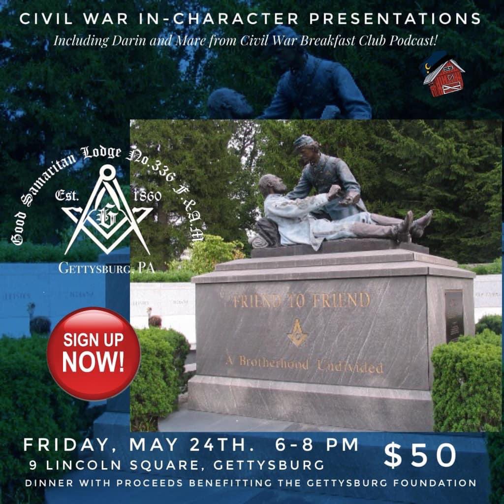 Come join us at Good Samaritan Lodge No. 336 Free & Accepted Masons on Friday, May 24th for a Civil War themed dinner with proceeds benefiting @gburgfoundation. Hope to see you there to help benefit a great cause! checkout.square.site/merchant/MLMZ7…