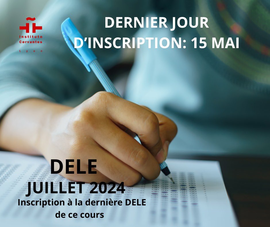 ✍🏻 Certifica tu nivel español 🇪🇸 
Aprovecha el último DELE del curso escolar 📚

Examen: 12 julio 
Niveles: A2,B1,B2,C1
Último día de inscripción: 15 mayo 

Contacto: 
📧 matriclyo@cervantes.es
☎️ 0478387243