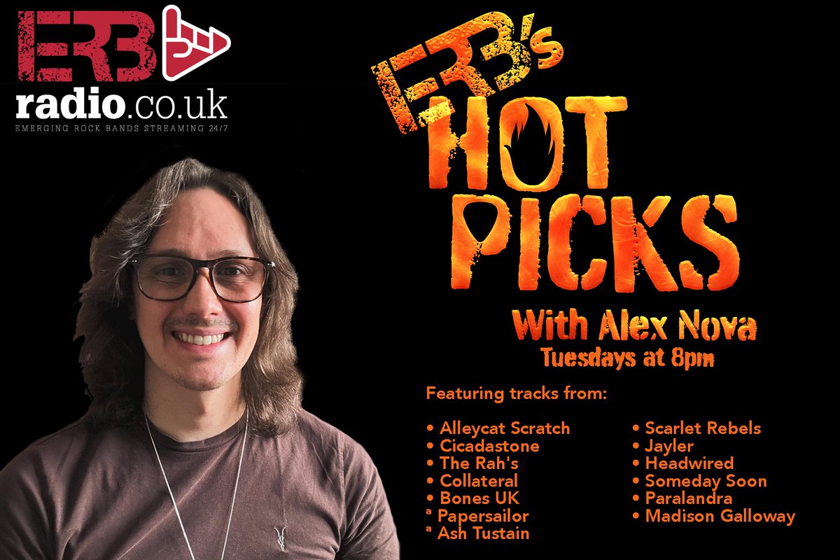 Alex continues the musical onslaught with #ERBsHotPicks at 8pm featuring tracks from @therahsmusic | @collateralrocks | @bonesbandbones |  @scarletrebels and many more
Listen live at erbradio.co.uk, #AskAlexaToPlayERBRadio...