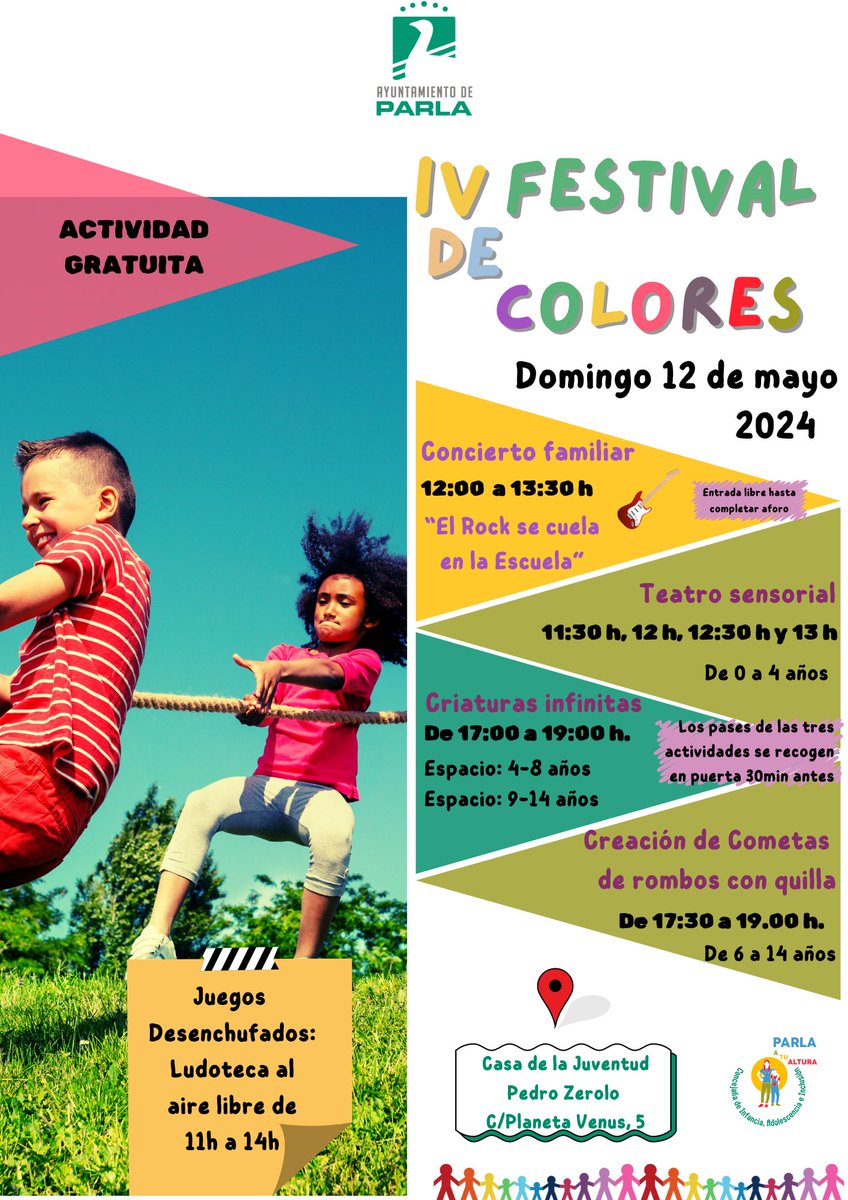 Atención 👩‍👧‍👦👨‍👦‍👦familias, niños y niñas de #Parla , este domingo 12 de mayo no os podéis perder todas las 🎸🧩♟️🪂actividades que han preparado @AytoParlaOrbita, @VanesaCalle para vosotros y vosotras en el IV Festival de Colores que se va a celebrar en Casa @Juventud_Parla