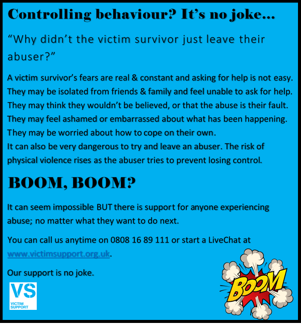 #coercivecontrol lays the foundation for abuse. It’s no joke and the early warning signs should not be ignored. If you are worried about the behaviours of someone else in your relationship then there is support available 24/7 on 0808 16 89 111 <a href="/VictimSupport/">Victim Support</a> #ThursdayThoughts