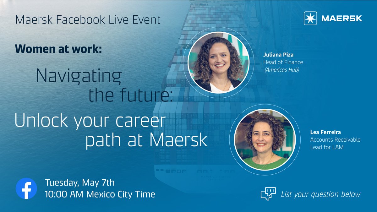Are you ready for a sneak peek into the #jobopportunities at #Maersk’s Global Service Center in Mexico City? Join us live on Facebook today at 10:00AM Mexico City time. 👉🏽Click here to join the live event: facebook.com/Maersk #Career #Liveevent