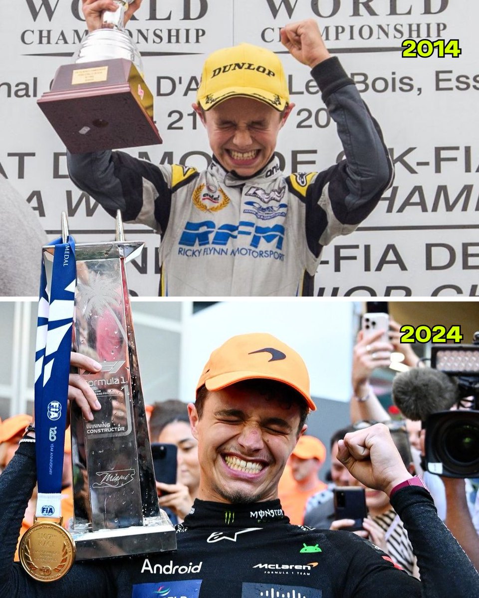 Norrislandofans's tweet image. Same expression: 2014 he became World Karting Champion&amp;gt; 10 years later he became a Formula 1 Race Winner🥹🤯

Proud is an understatement. @LandoNorris