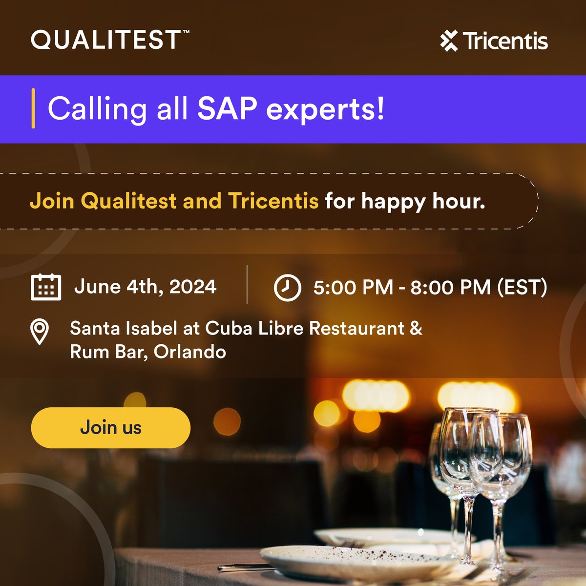 Excited to connect at #SAPSapphire Orlando, June 3-5! Top it off with our exclusive Happy Hour on June 4 at Cuba Libre Restaurant & Rum Bar.
Spots are filling up fast. Secure yours now 👉bit.ly/3vXsqE3
#SAPSapphire #QualitestAtSAPSapphire #LifeAtQualitest