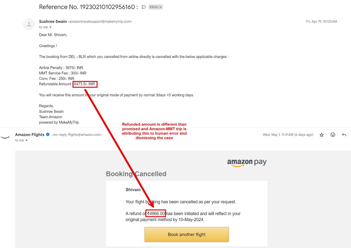 shivamdvd's tweet photo. @amazonIN @makemytrip Pathetic experience for a Prime Customer. Your team did not let me cancel the ticket via Amazon; I did it via the Airlines and then your team promised refund of 6473 but refunded 4966 only. Who will compensate me for the difference of 1500? @consumercourtin https://t.co/vAdR01okrS
