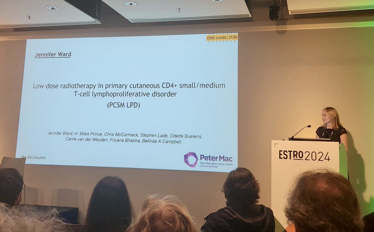 Well done to super⭐️ #radonc registrar, @JenWard1234 - invited speaker in the session on #RT for #benign diseases at #ESTRO24. 👏 Brilliantly presenting our data of ultra-low dose RT for cutaneous CD4+ small/medium T-cell LPD. 100% CR from only 2Gy x2. @PeterMacCC @ESTRO_RT