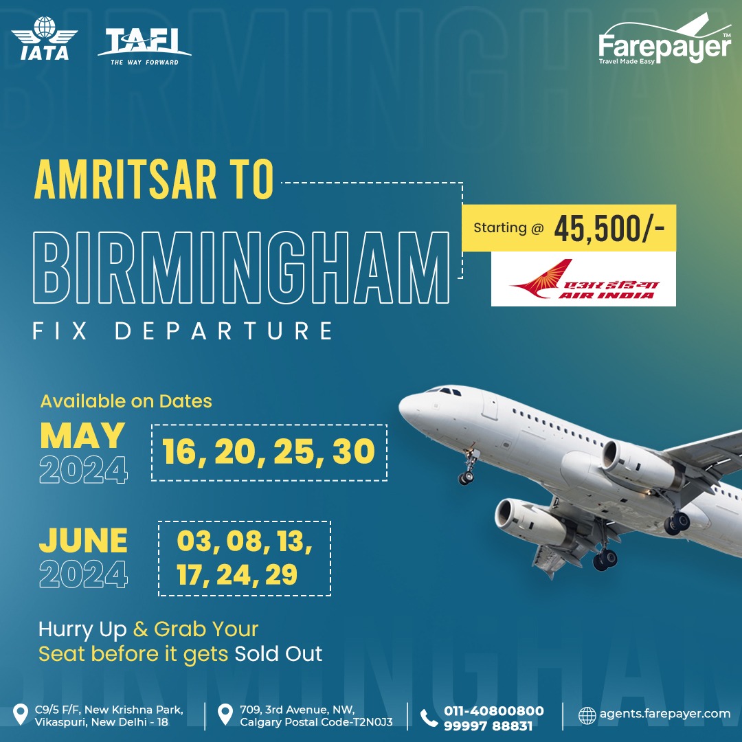 Book Affordable Fixed Departure from Amritsar- Birmingham ✈️🧳

99997 88831
agents.farepayer.com

#air #flights #airfare #book #farepayer #bookflights #flight #booktickets #airticket #airticket #airlines #birmingham #amritsar #cheaptickets #buytickets #bhx #travelagency