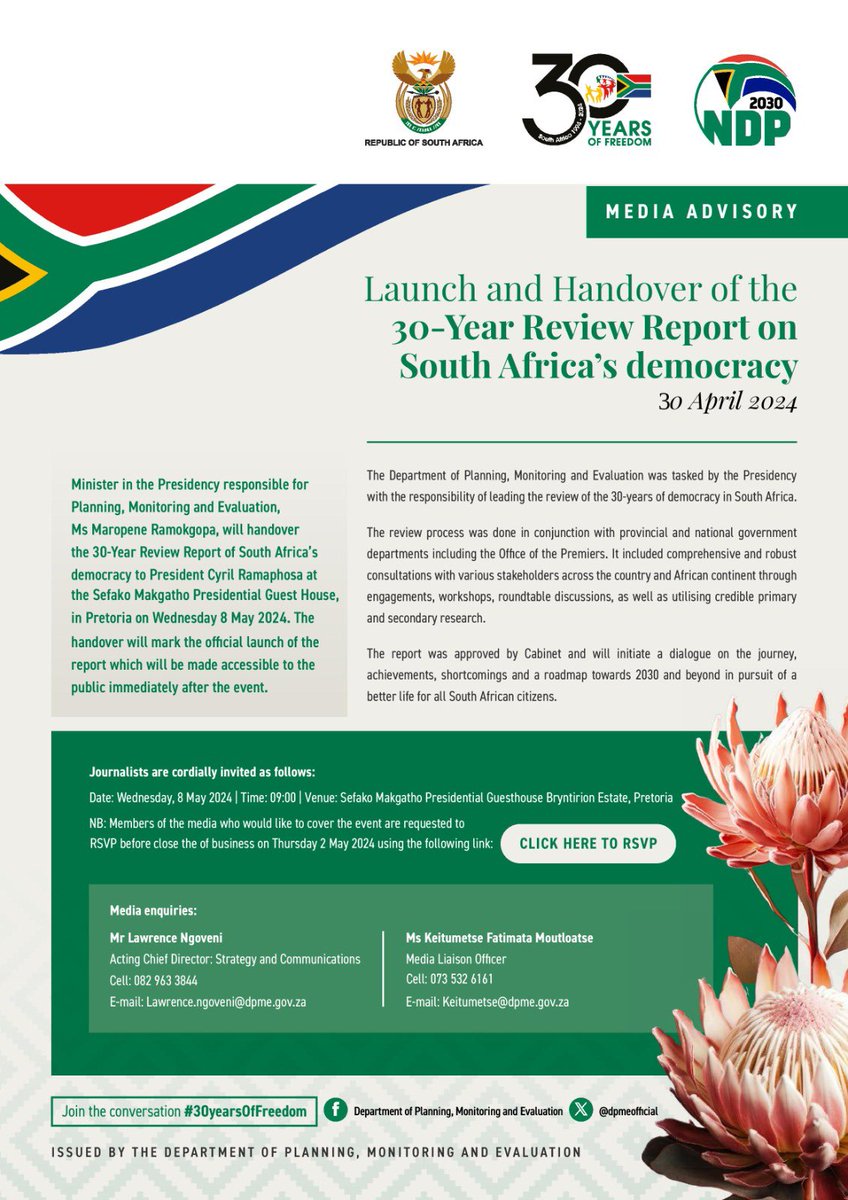 Today Minister Maropene Ramokgopa hands over #30YearReview Report of South Africa’s democracy to President Cyril Ramaphosa. The handover will mark the official launch of the report which will be made accessible to the public immediately after the event. gov.za/news/media-adv…