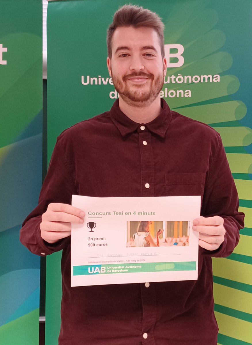 @JBuenoMancebo @Dret_UAB @fundaciorecerca @EnginyeriaUAB @ICTA_UAB @medicinauab @IrisParra_ @uablletres @uabbiociencies @EducacioUAB 🥇 1r Premi i representació de la #UAB al concurs #TesiEn4Minuts de la @fundaciorecerca ➡  Gala Pujol 🥈 2n Premi ➡  José Antonio Bueno (@JBuenoMancebo) Moltes felicitats! 👏 👏 👏    #TesiEn4MinutsUAB