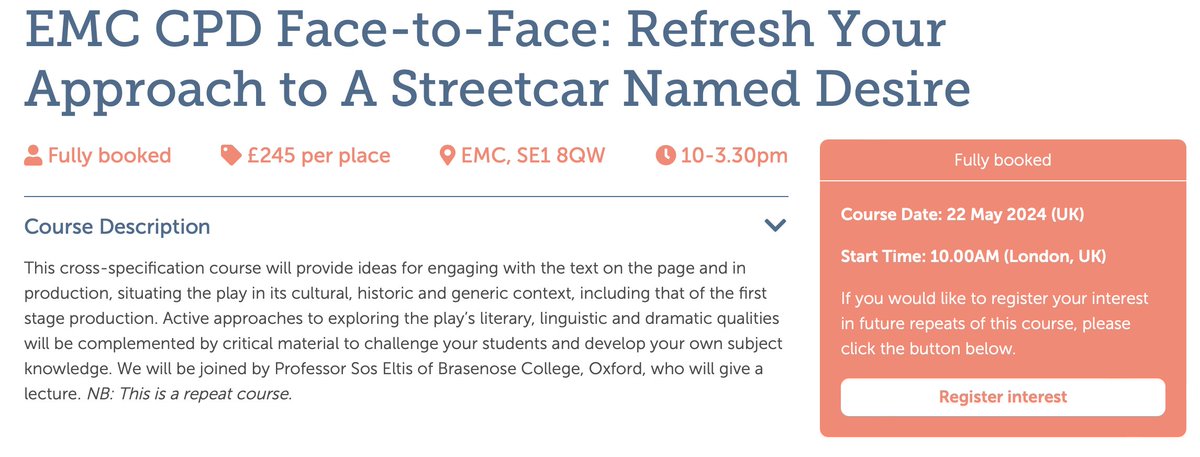 EMC CPD Face-to-Face: Refresh Your Approach to A Streetcar Named Desire (22.5.24) Emma and Lucy have loads of teaching ideas and resources on the play. You will also hear from Professor Sos Ellis of Brasenose College, Oxford. Book by: 8am on 20 May tinyurl.com/4dw7r6ve