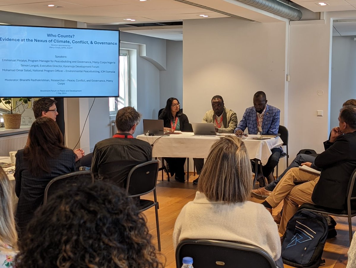 Happening now! Who counts? Evidence at the nexus of climate conflict and governance. Simon Longoli of @Karamojadf discusses his work exploring community solutions to insecurity on the Uganda-Kenya border, in a session hosted by XCEPT, @MercyCorps & @SIPRIorg #SthlmForum