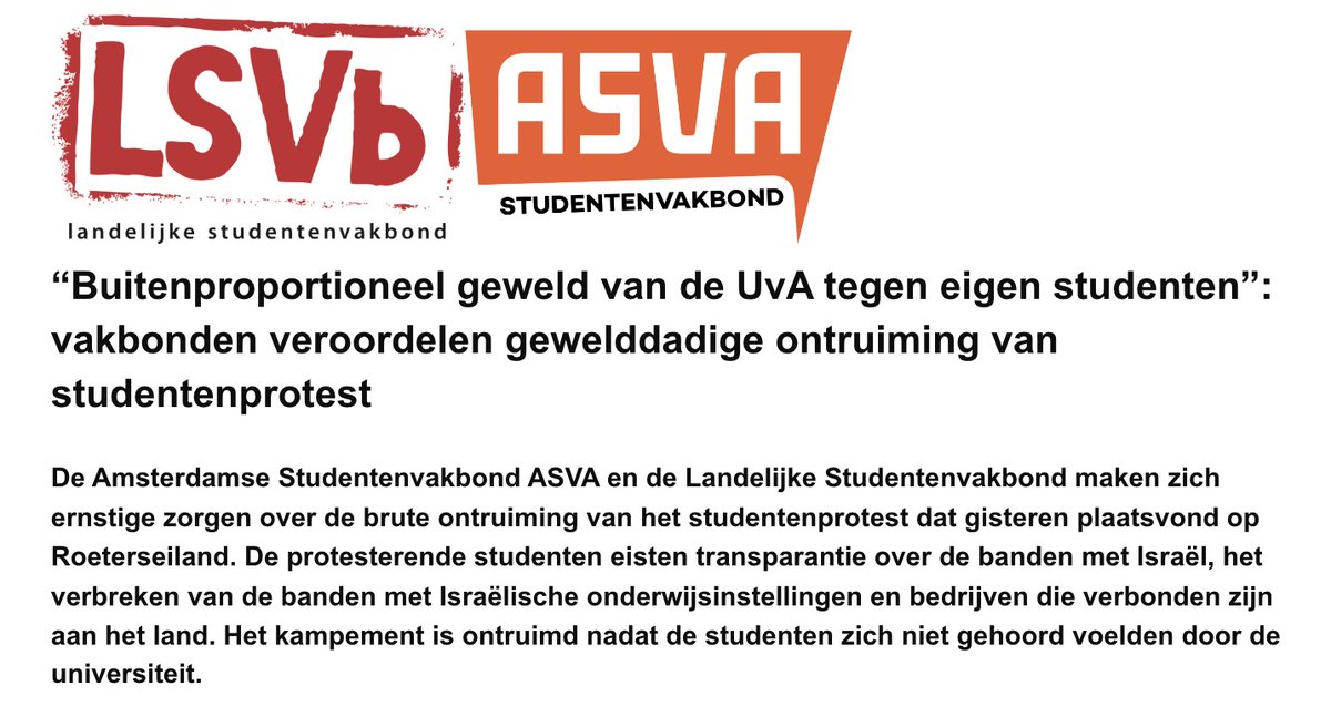 Vakbonden veroordelen gewelddadige ontruiming van studentenprotest