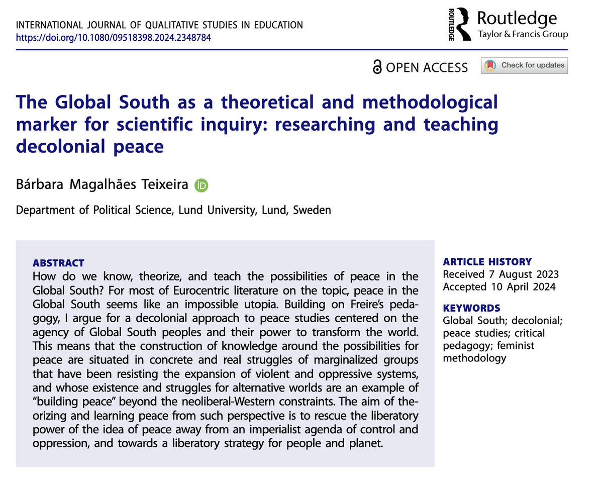 🌟New article out🌟 I provide a transformative approach to peace studies, centered on the agency of the Global South. I argue that challenging Eurocentric narratives of violence and peace can move us toward true liberation! #DecolonialPeace #GlobalSouth doi.org/10.1080/095183…