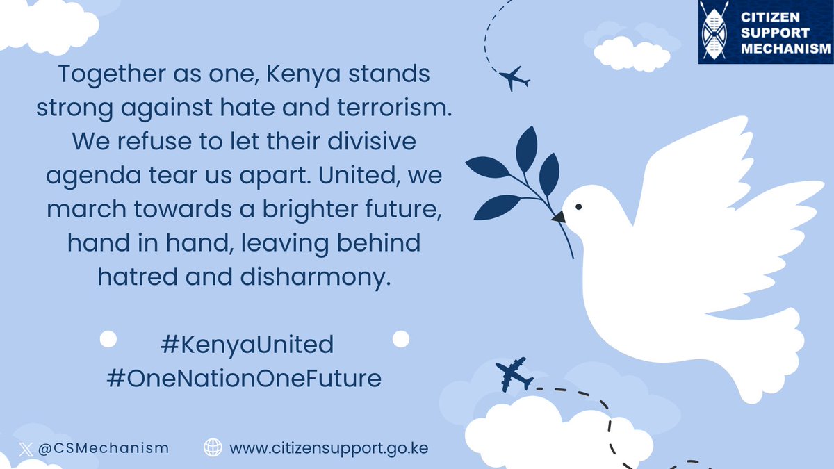 🤝 Together as one, Kenya stands strong against hate and terrorism🚫💔. We refuse to let their divisive agenda tear us apart. 🤝 United, we march towards a brighter future, hand in hand, leaving behind hatred and disharmony. 🇰🇪💪 #KenyaUnited #OneNationOneFuture @NCTC_Kenya…