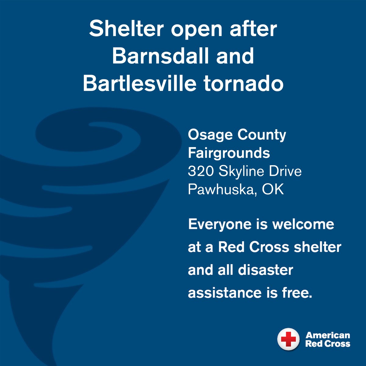 A shelter is open for residents of Barnsdall and other northeast Oklahoma communities affected by last night's tornado. Osage County Fairgrounds 320 Skyline Drive Pawhuska, OK You can access Red Cross services here even if you don’t need a place to sleep. 1/3