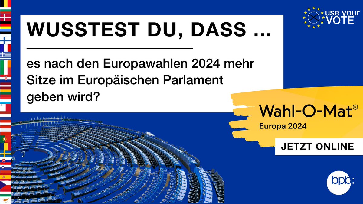 Der Wahl-O-Mat zur #Europawahl 2024 ist online! 🥳 Welche Meinungen vertreten die Parteien? Und welche #Partei passt davon am besten zu eurer Position? Findet es heraus auf wahl-o-mat.de! #WahlOMat