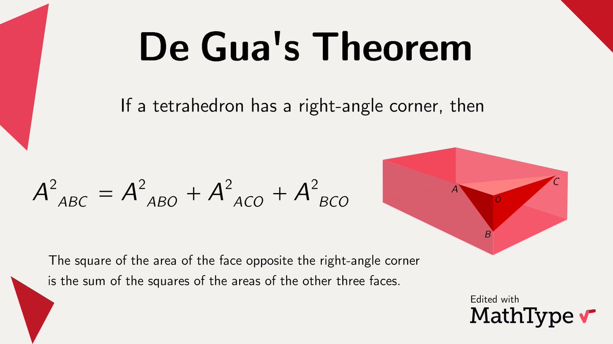 De Gua's Theorem is a three-dimensional analog of the Pythagorean theorem. This theorem offers valuable insights into spatial relationships. Have you heard about it? #MathType #NumberTheory #math #mathematics #mathematical #mathematician #mathproblems #mathfacts