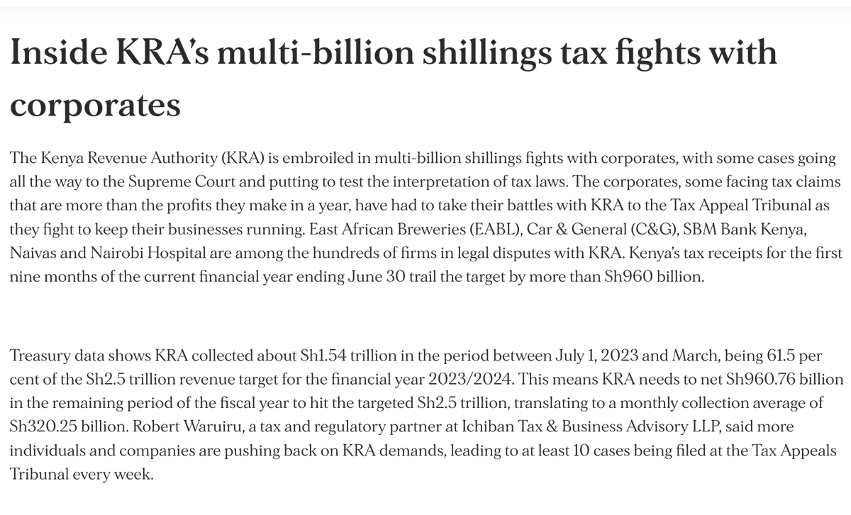 KRA vs Kenyan businesses:

'some [of the corporates] are facing tax claims that are more than the profits they make in a year,...EABL, Car & General, SBM Bank Kenya, Naivas & Nairobi Hospital are among the hundreds of firms in legal disputes with KRA'

[@NationAfrica]