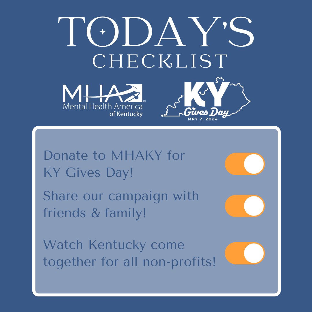mhakentucky's tweet image. TODAY is THE DAY! #KYGives24 is officially underway! Support us by making a donation of any amount to help us continue our efforts of sharing mental health screenings &amp;amp; educational materials &amp;amp; events across the state. Donate here: kygives.org/organizations/…

#mhaky #kentucky