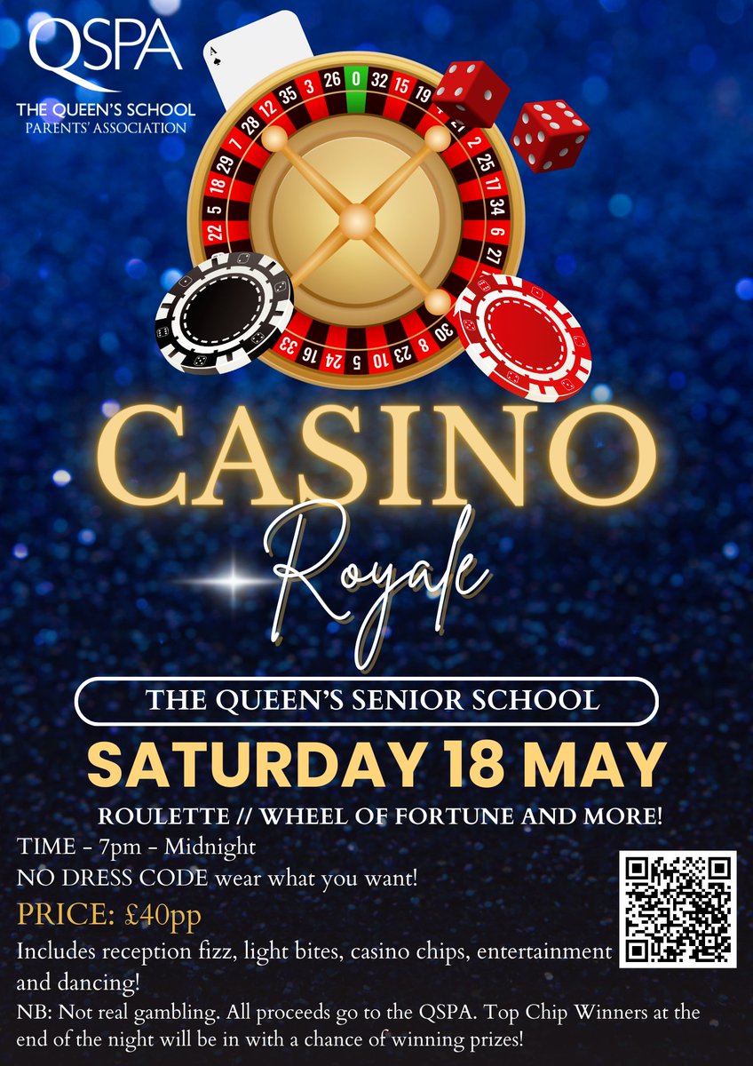 TheQueensSchool's tweet photo. Last call for our QSPA Casino Royale Night! The deadline to buy your tickets is this Thursday, so be sure to get them quick. Great prizes, no dress code, and plenty of fun. Get your tickets now! #CasinoNight #BuyTickets #QSPA #Fun #QueensSchoolChester https://t.co/aYdgnAdEVl https://t.co/DSCsEv6dEv