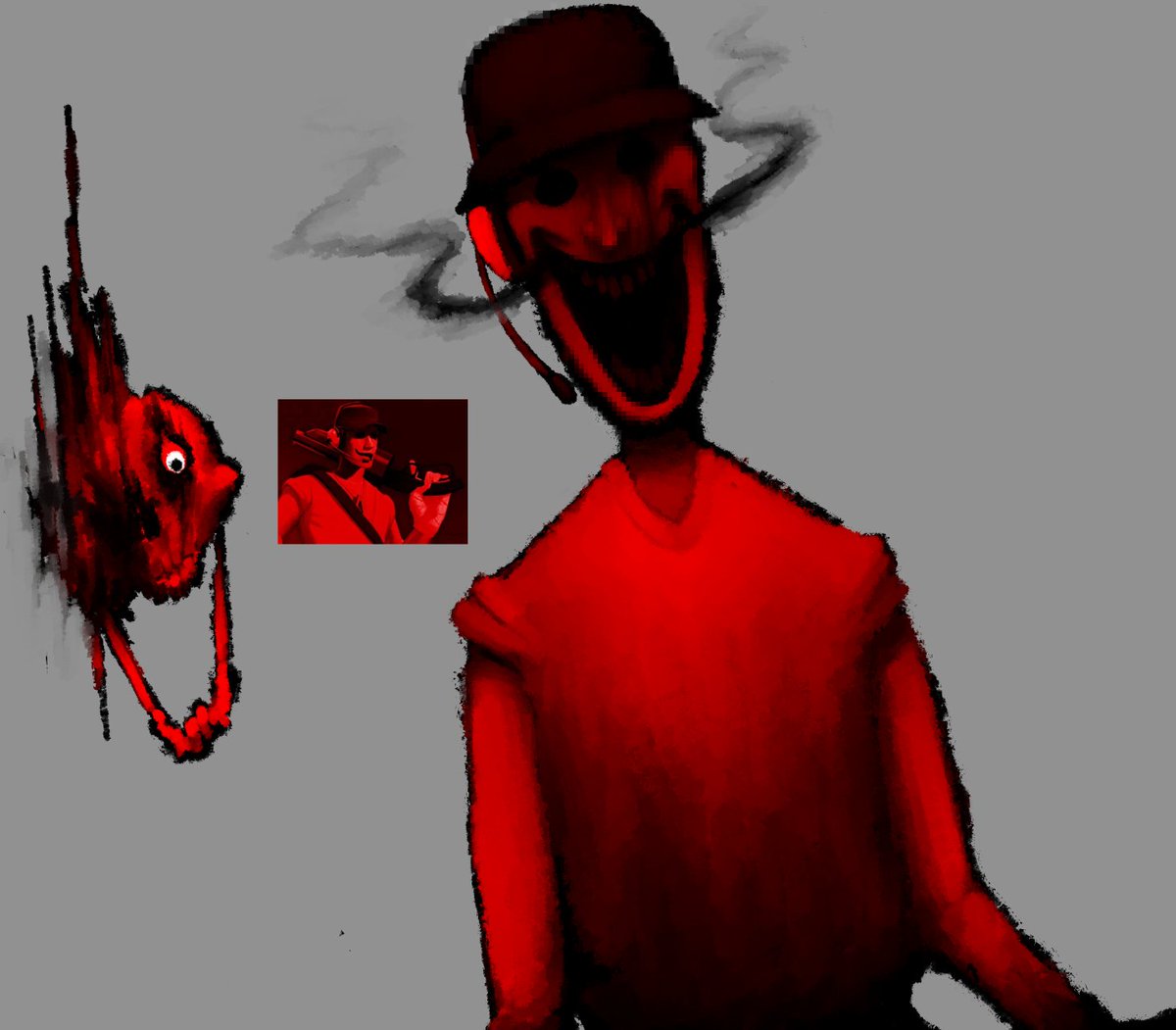 iAngstyTeen's tweet photo. the scout used to illustrate the tf2 creepypasta Playdead

i'm ngl i don't remember if he actually looks like this in the creepypasta, i'm pretty sure he is lit up in red but he doesn't have the smile https://t.co/MZ54isGkeG