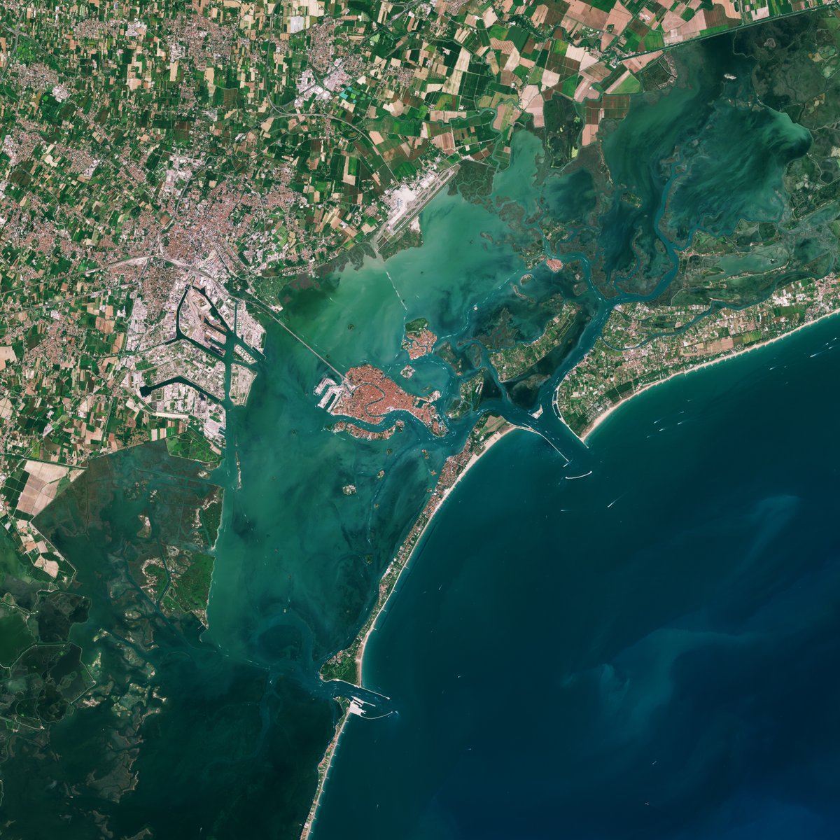 Buongiorno Venezia! This @CopernicusEU #Sentinel2 image features the city of Venice in Italy. The small square island to the north is San Michele. Once a prison island, it became a cemetery when Napoleon’s occupying forces declared burial on the main islands unsanitary.