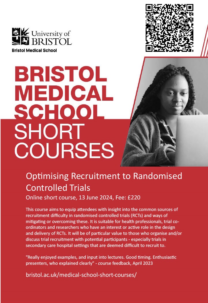 Join our 1-day Optimising Recruitment to RCTs online course on 13th June if you want to get an insight into the clear obstacles and hidden challenges of recruitment to RCTs - with strategies to overcome! Scan the QR code to sign up!