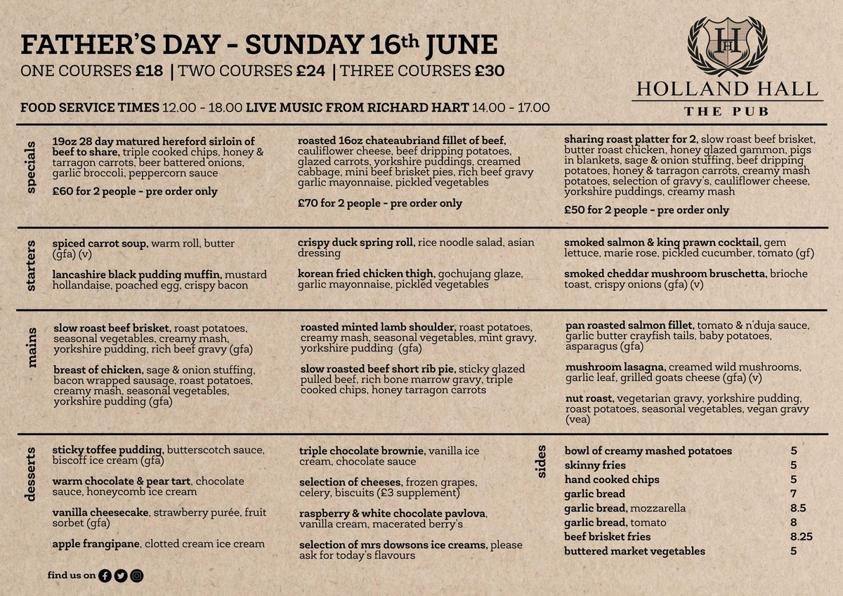 Father’s Day at The Pub at Holland Hall! Live Music every Sunday 2pm - 5pm. Performing Father’s Day - Richard Hart! 💙🎸🎶

Call 01695 624426 or book online booking.resdiary.com/widget/Standar… 

#LiveMusic #SundayRoast #GreatFood #GreatMusic #ChilledSunday #dogfriendly