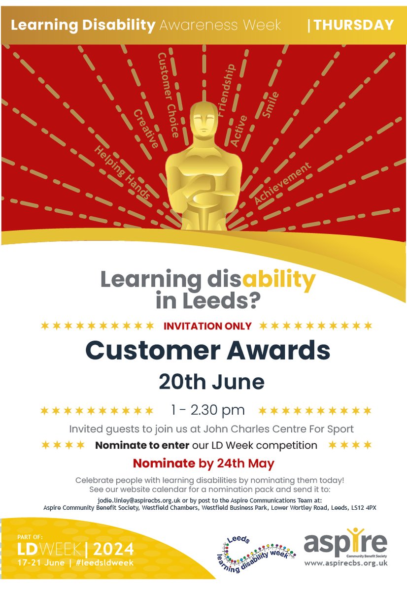 🏆2 Weeks left to nominate!🏆 There are just 2 weeks left to submit your nominations for The Customer Awards as part of our #leedsldweek programme. Celebrating people with learning disabilities across Leeds! Find our nomination pack on our website: aspirecbs.org.uk/events/custome…