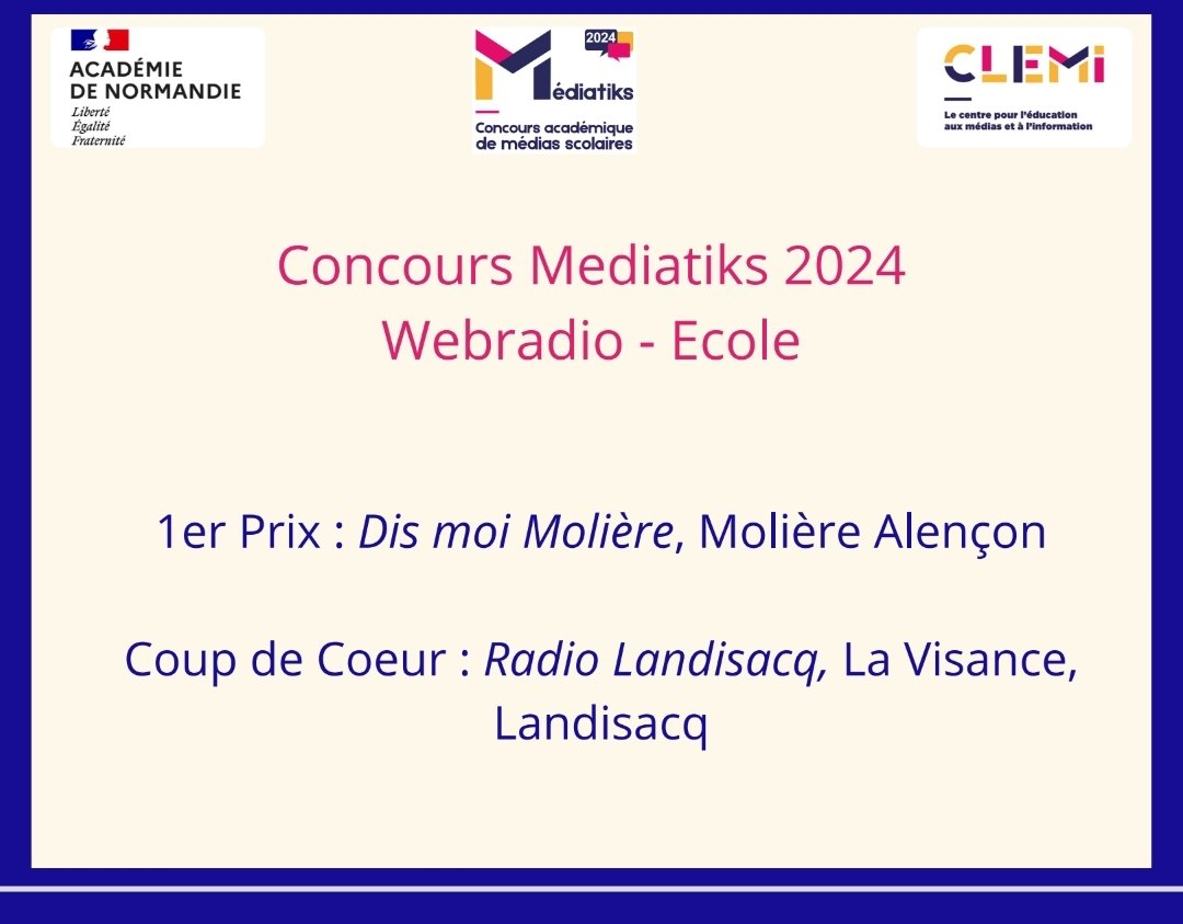 #Mediatiks  Catégorie #Webradio
Félicitations aux CM1 de l'école @Ecolemoliere61 pour ce prix académique.
Fiers de représenter l'académie au niveau national.
@IEN_ALENCON 
@canope_61 
@ClemiNormandie