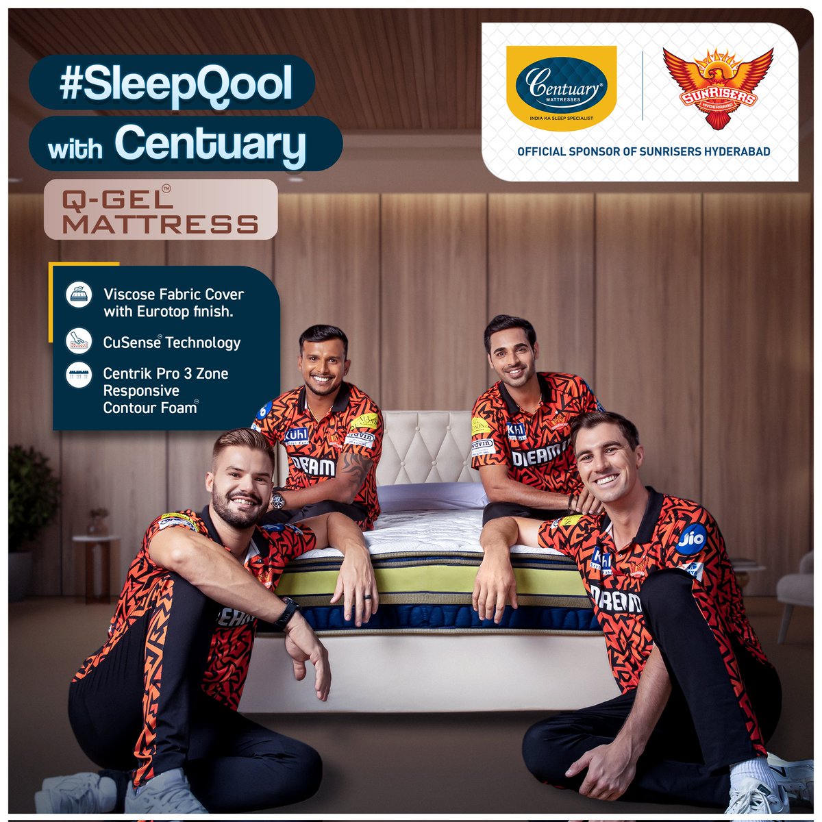 Score big on comfort with the #SleepQool with Centuary Q-Gel mattress! Featuring Viscose Fabric cover with Eurotop finish, CuSense Technology, and Centrik Pro 3 Zone, get ready for a winning night’s sleep! 🏏😴🛏️